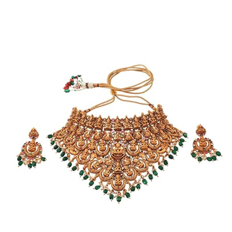 Choker Set: Exquisite Temple Design with Dangling Green Beads For Women