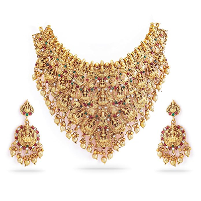 Gold Plated Temple Necklace Set Traditional Statement Jewellery Gift for Women & Girls