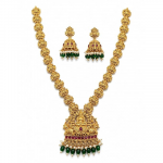Traditional Temple Jewellery Set for Women Gold Plated Lakshmi Long Haram Necklace with Jhumka Earrings, Green Beads & Ruby Stone Ethnic Bridal Weddin