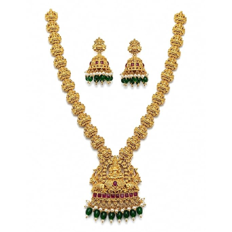 Traditional Temple Jewellery Set for Women Gold Plated Lakshmi Long Haram Necklace with Jhumka Earrings, Green Beads & Ruby Stone Ethnic Bridal Weddin