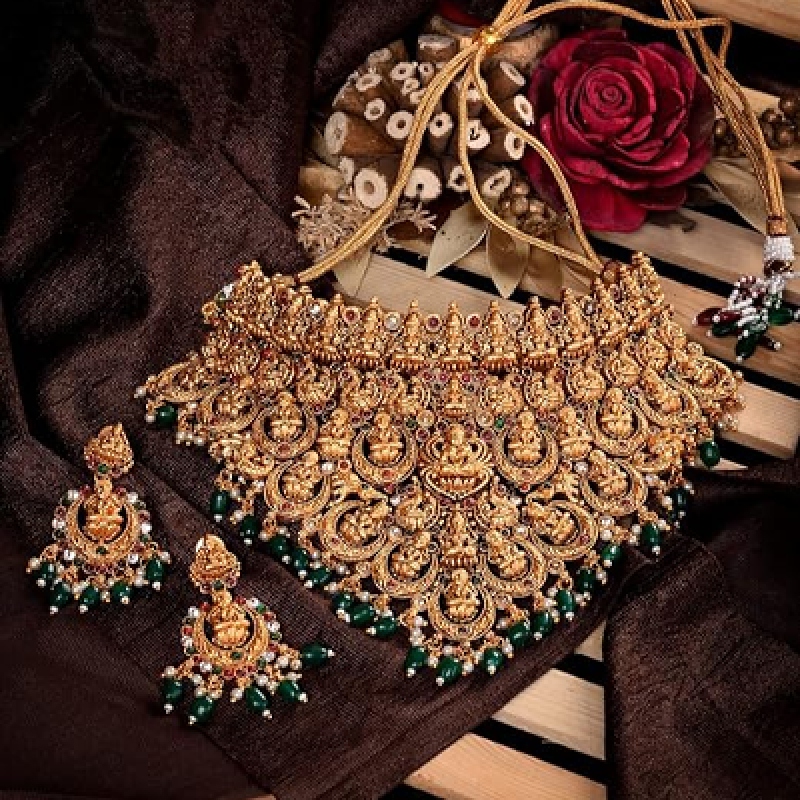 Choker Set: Exquisite Temple Design with Dangling Green Beads For Women