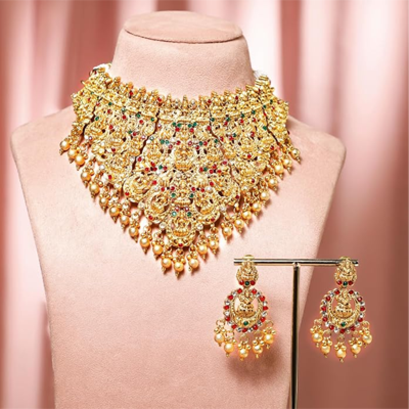 Gold Plated Temple Necklace Set Traditional Statement Jewellery Gift for Women & Girls