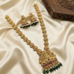 Traditional Temple Jewellery Set for Women Gold Plated Lakshmi Long Haram Necklace with Jhumka Earrings, Green Beads & Ruby Stone Ethnic Bridal Weddin