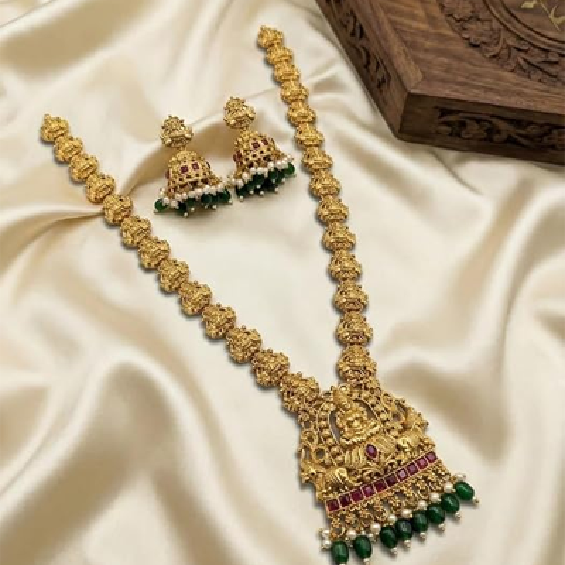 Traditional Temple Jewellery Set for Women Gold Plated Lakshmi Long Haram Necklace with Jhumka Earrings, Green Beads & Ruby Stone Ethnic Bridal Weddin