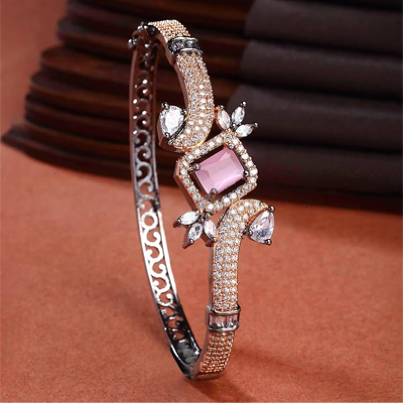 Rhodium-Plated Black Tone American Diamond Openable Kada Bracelet