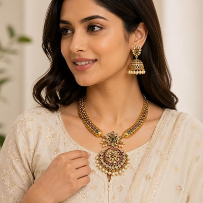 Traditional Temple Jewellery Set for Women, Gold Plated Temple Choker Necklace Set