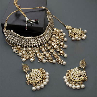 Kundan & Beads Studded Necklace Earrings & Maangtikka Set Ethnic Jewellery for Women & Girls