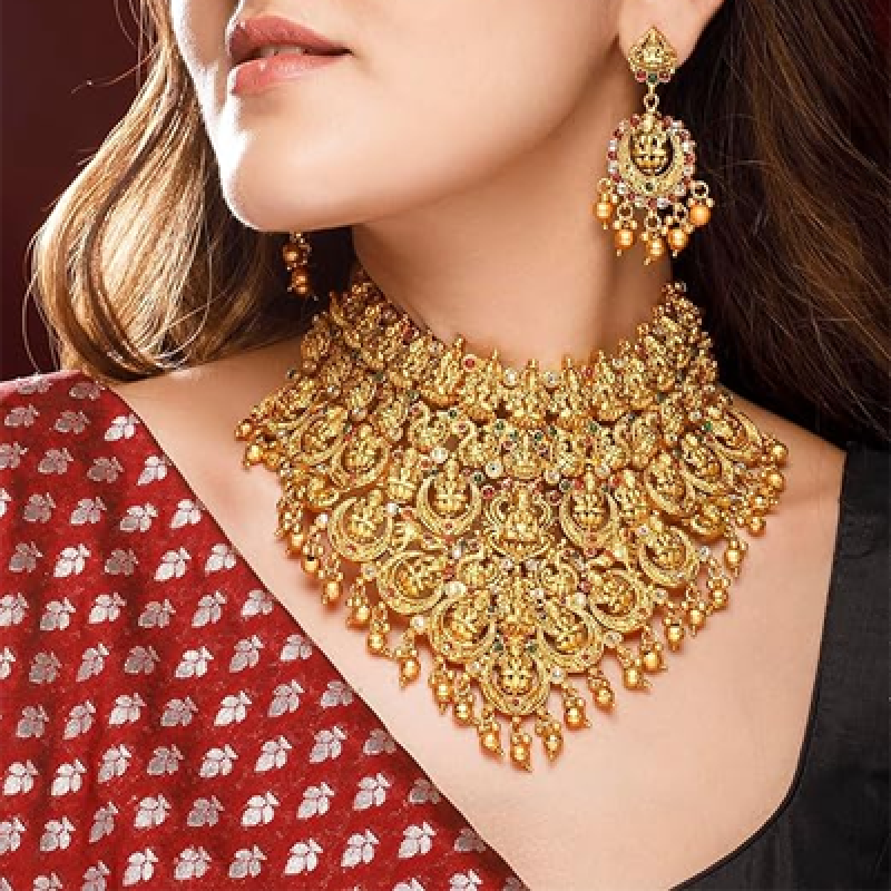 Gold Plated Temple Necklace Set Traditional Statement Jewellery Gift for Women & Girls