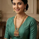 Traditional Temple Jewellery Set for Women Gold Plated Lakshmi Long Haram Necklace with Jhumka Earrings, Green Beads & Ruby Stone Ethnic Bridal Weddin