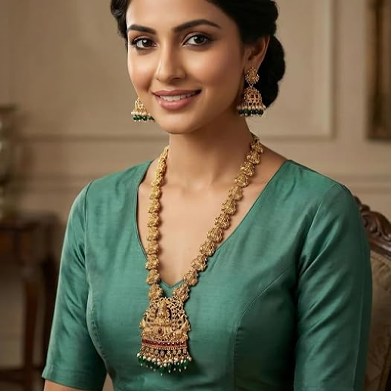 Traditional Temple Jewellery Set for Women Gold Plated Lakshmi Long Haram Necklace with Jhumka Earrings, Green Beads & Ruby Stone Ethnic Bridal Weddin