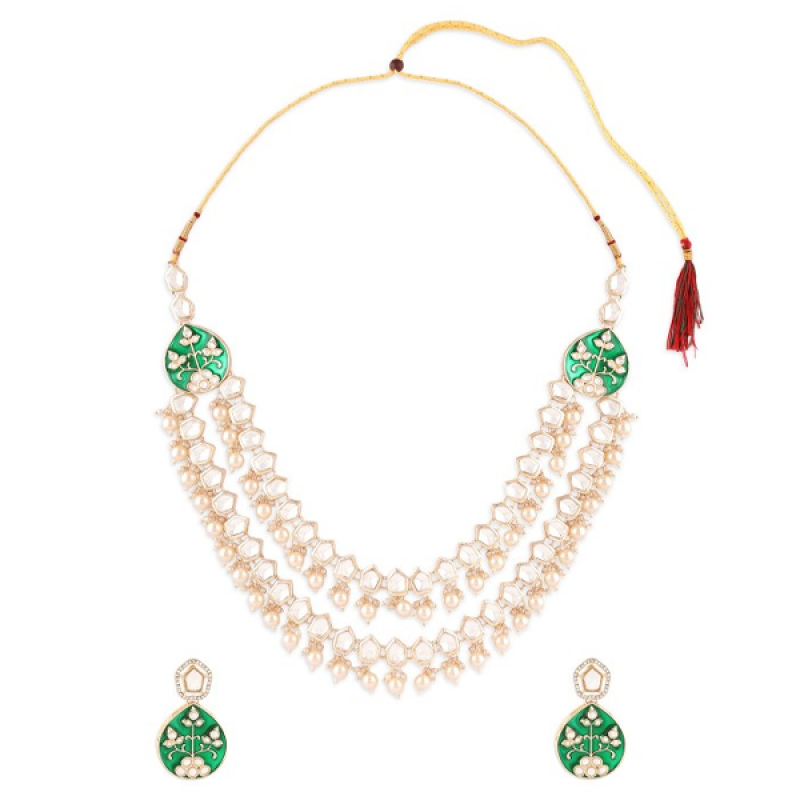 Gold Plated Kundan Studded & Pearls Beaded Jewellery Set