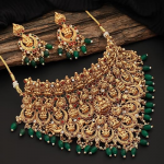 Choker Set: Exquisite Temple Design with Dangling Green Beads For Women
