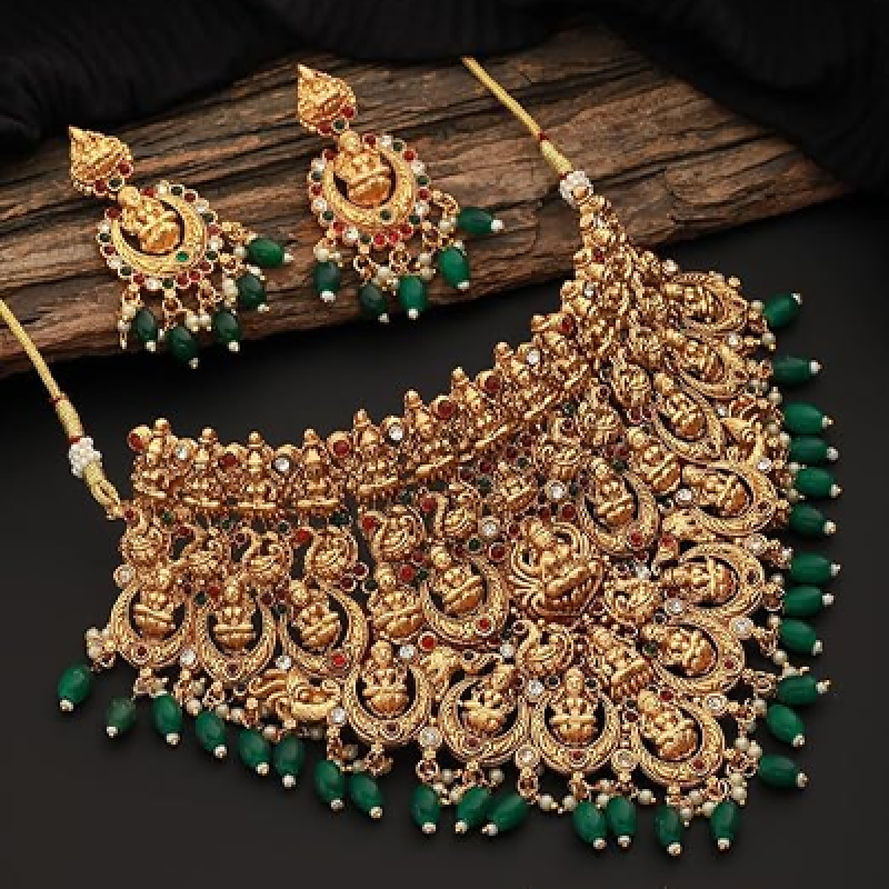Choker Set: Exquisite Temple Design with Dangling Green Beads For Women