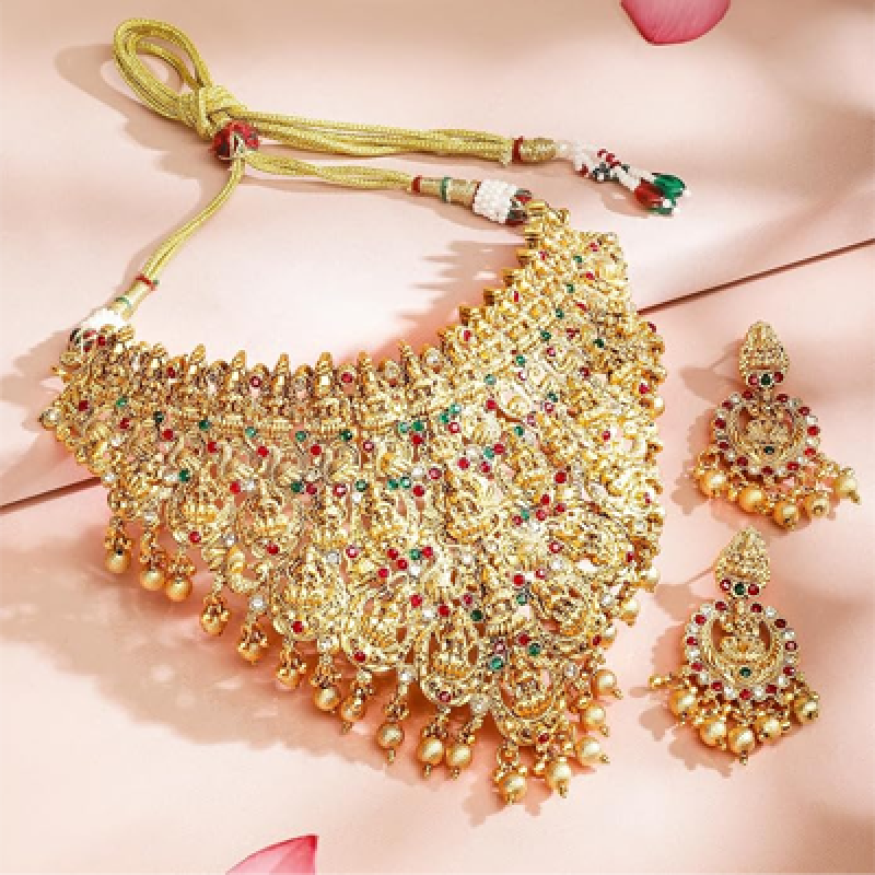 Gold Plated Temple Necklace Set Traditional Statement Jewellery Gift for Women & Girls