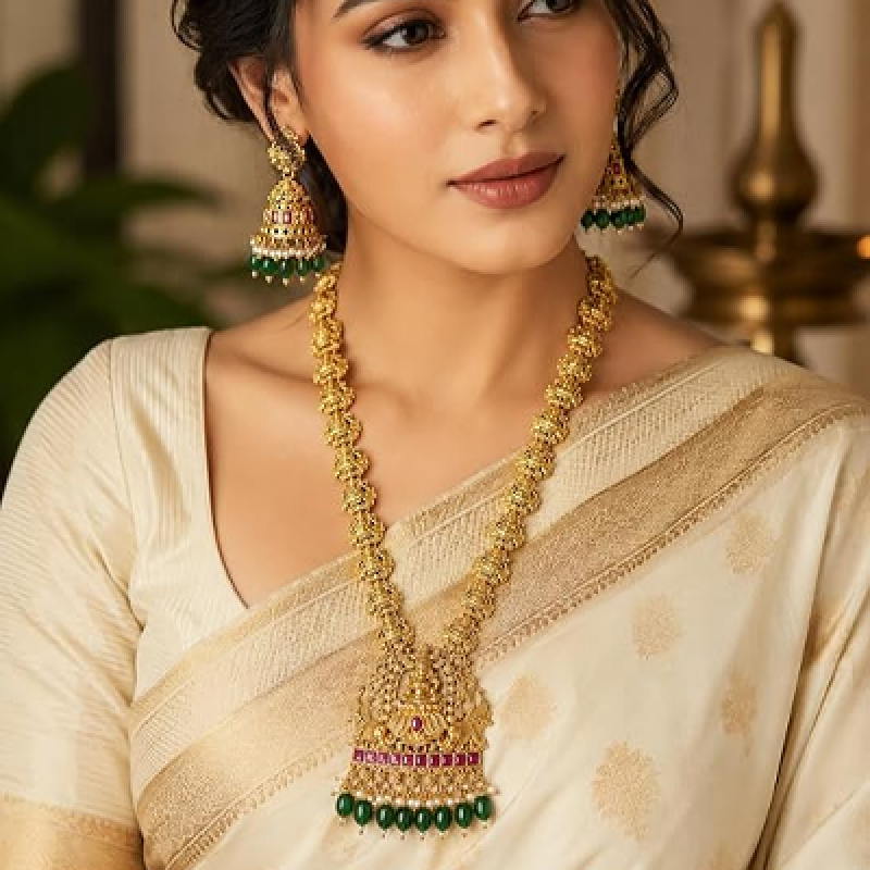 Traditional Temple Jewellery Set for Women Gold Plated Lakshmi Long Haram Necklace with Jhumka Earrings, Green Beads & Ruby Stone Ethnic Bridal Weddin