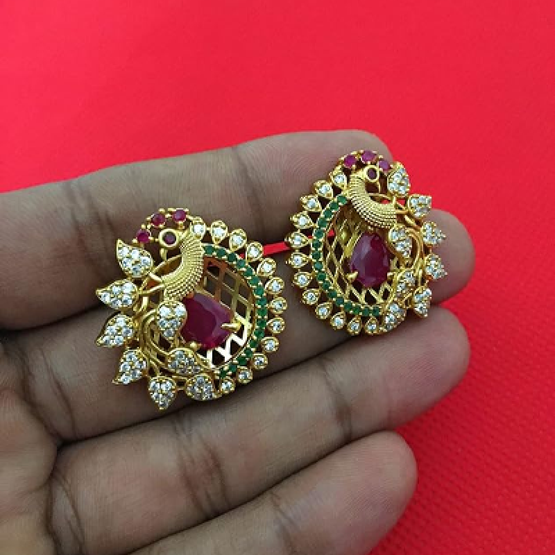 Traditional Tops Gold Plated Ethnic Peacock Designer Studs Earrings for Women and Girls