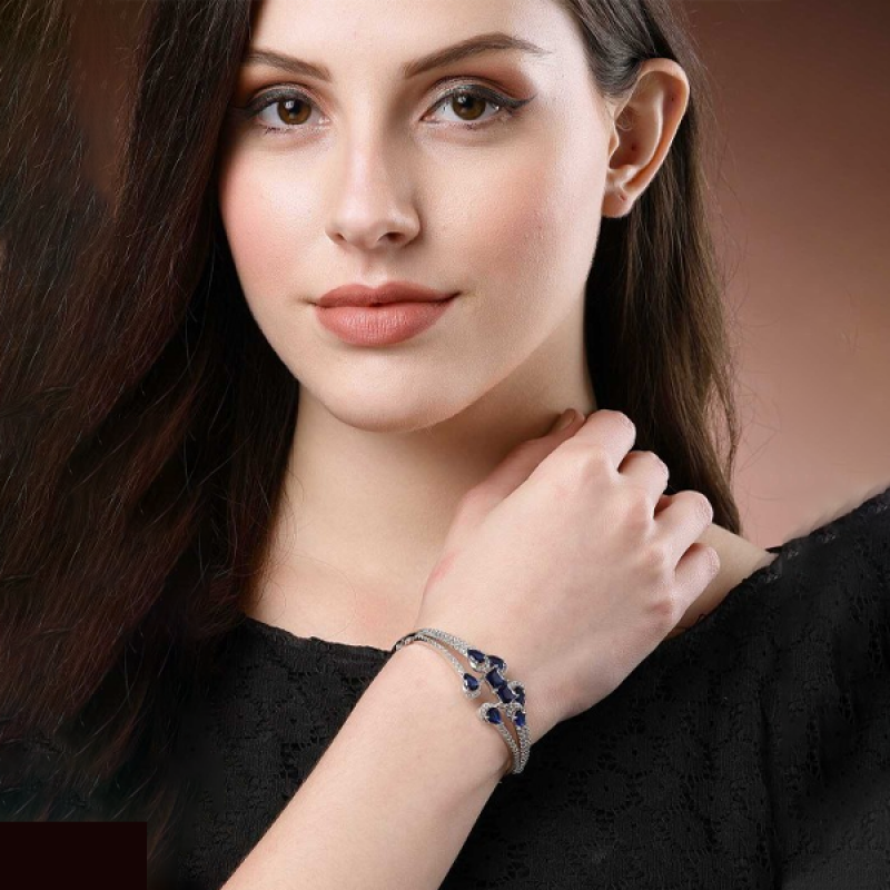 "Silver-Plated Diamond Studded Bangle-Style Bracelet "